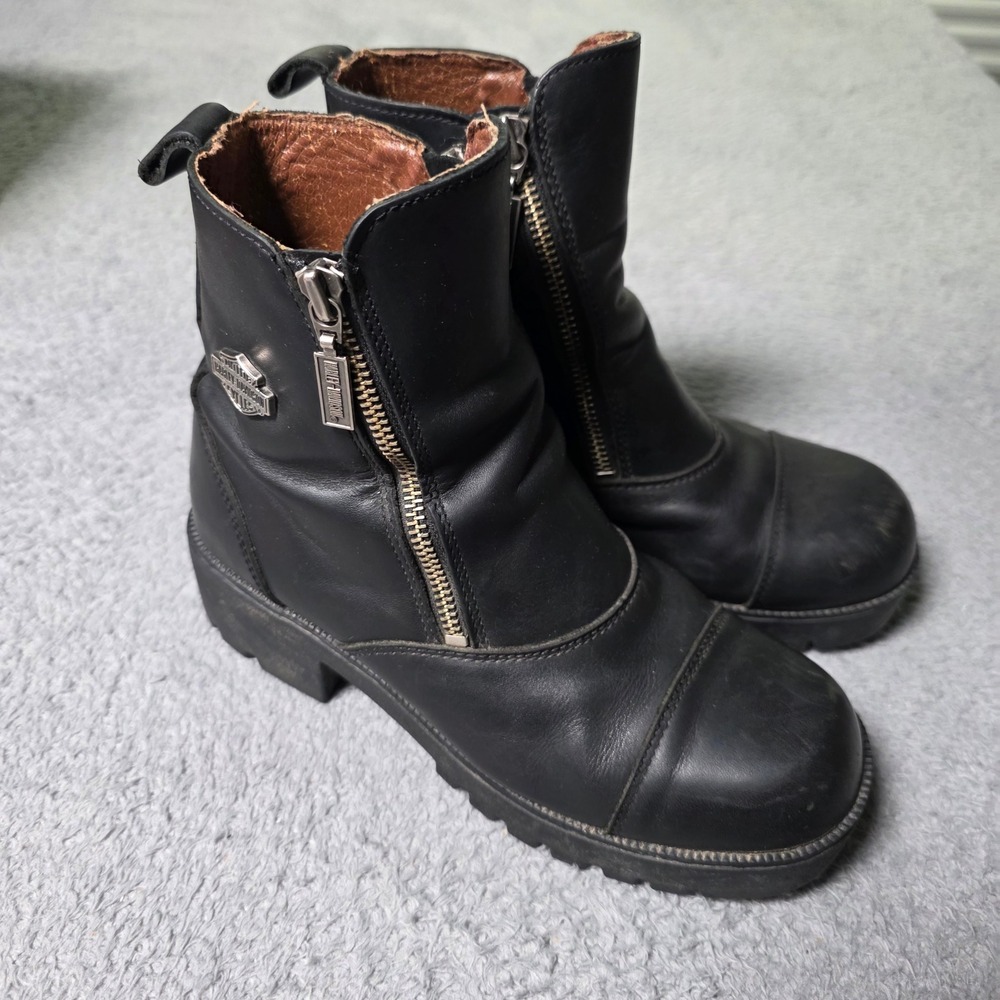 Harley Davidson Womens 7.5 Moto Boots Black Leather Double Zip Lug Sole 82016